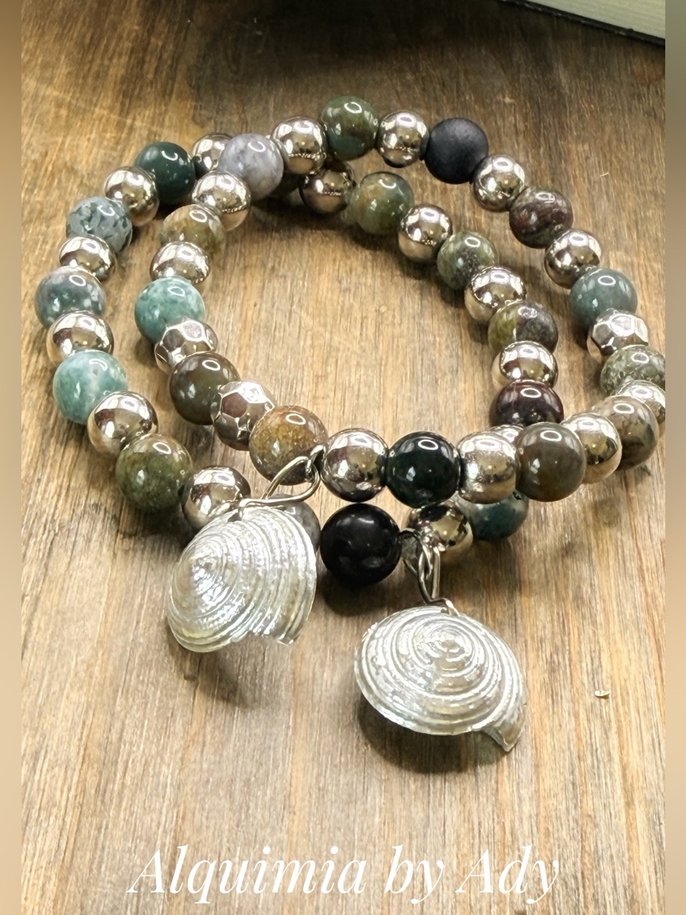 SEASIDE + Silver and Green AGATE gemstones Beaded Bracelet set +stack
